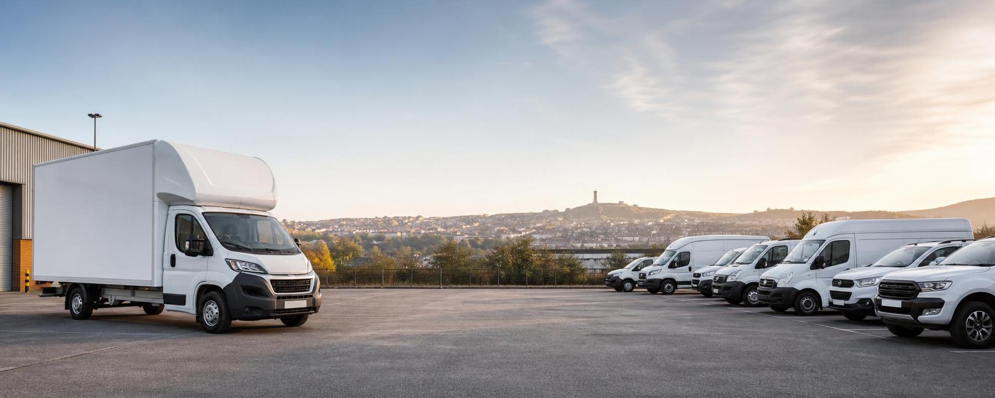 Clean vehicle hire fleet led by a white Luton van in a Mansfield forecourt